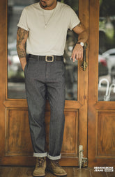 Maden Men Denim American Retro HBT Grey Jeans Straight Leg Slim Stripe Long Pants Amekaji Cotton No Elastic Bottom Trousers